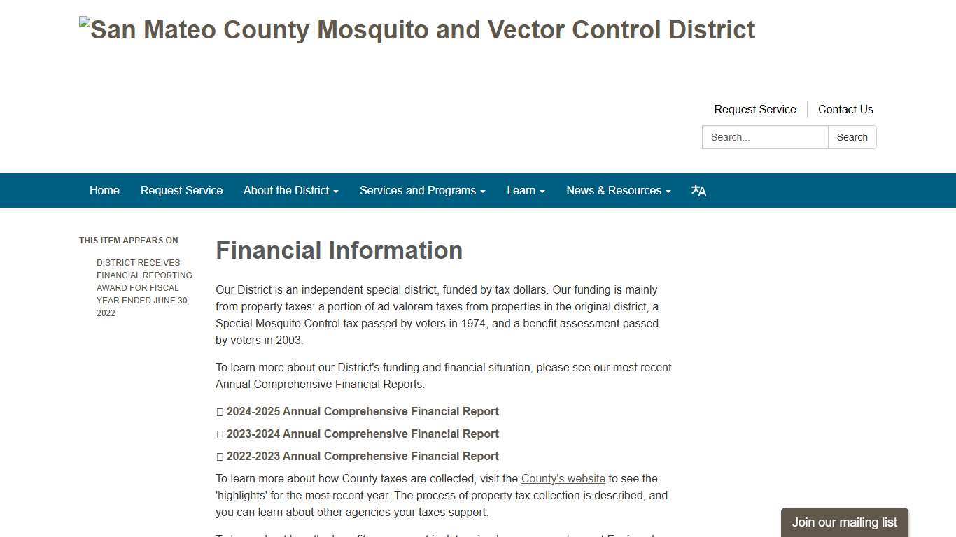Financial Information - San Mateo County Mosquito and Vector Control District