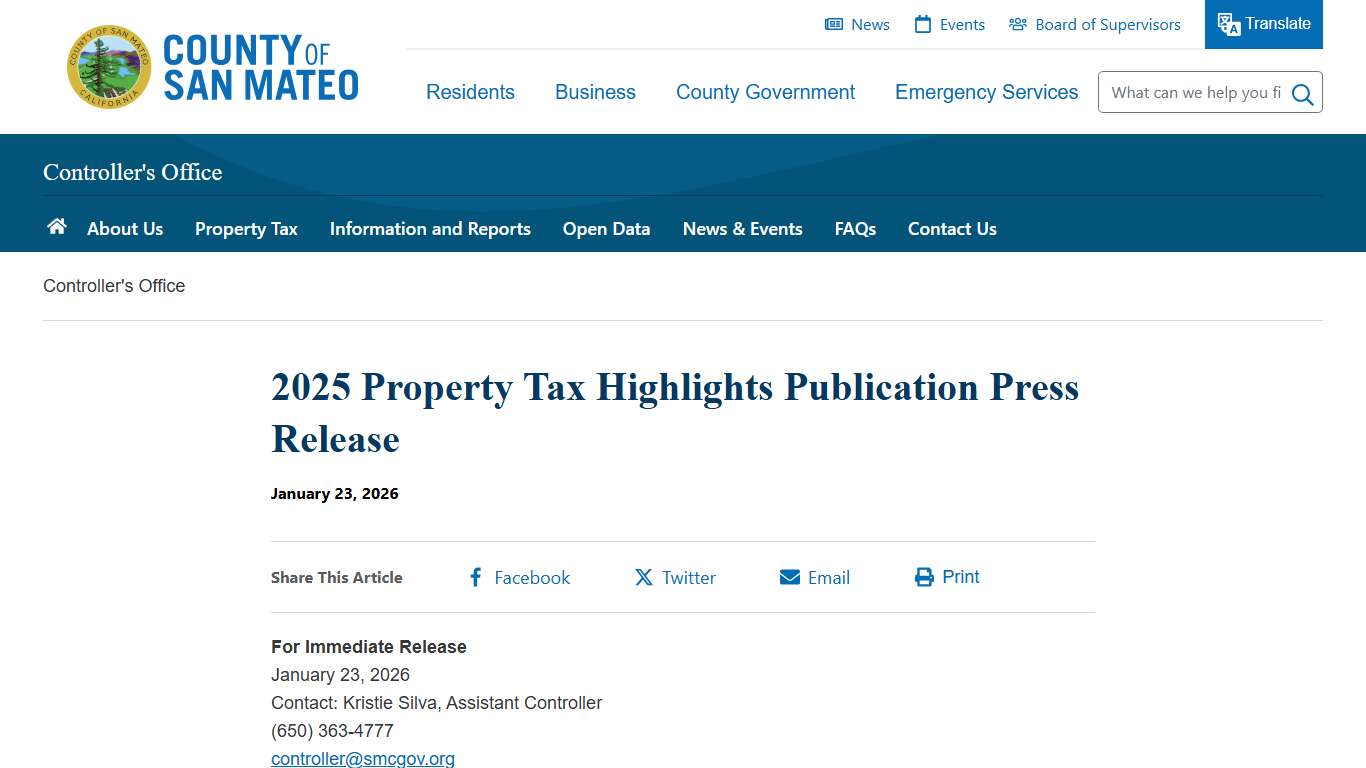 2025 Property Tax Highlights Publication Press Release County of San Mateo, CA